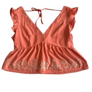Lily Star V-Neck Top | Embroidered | Woman Size Medium‎ | Orange